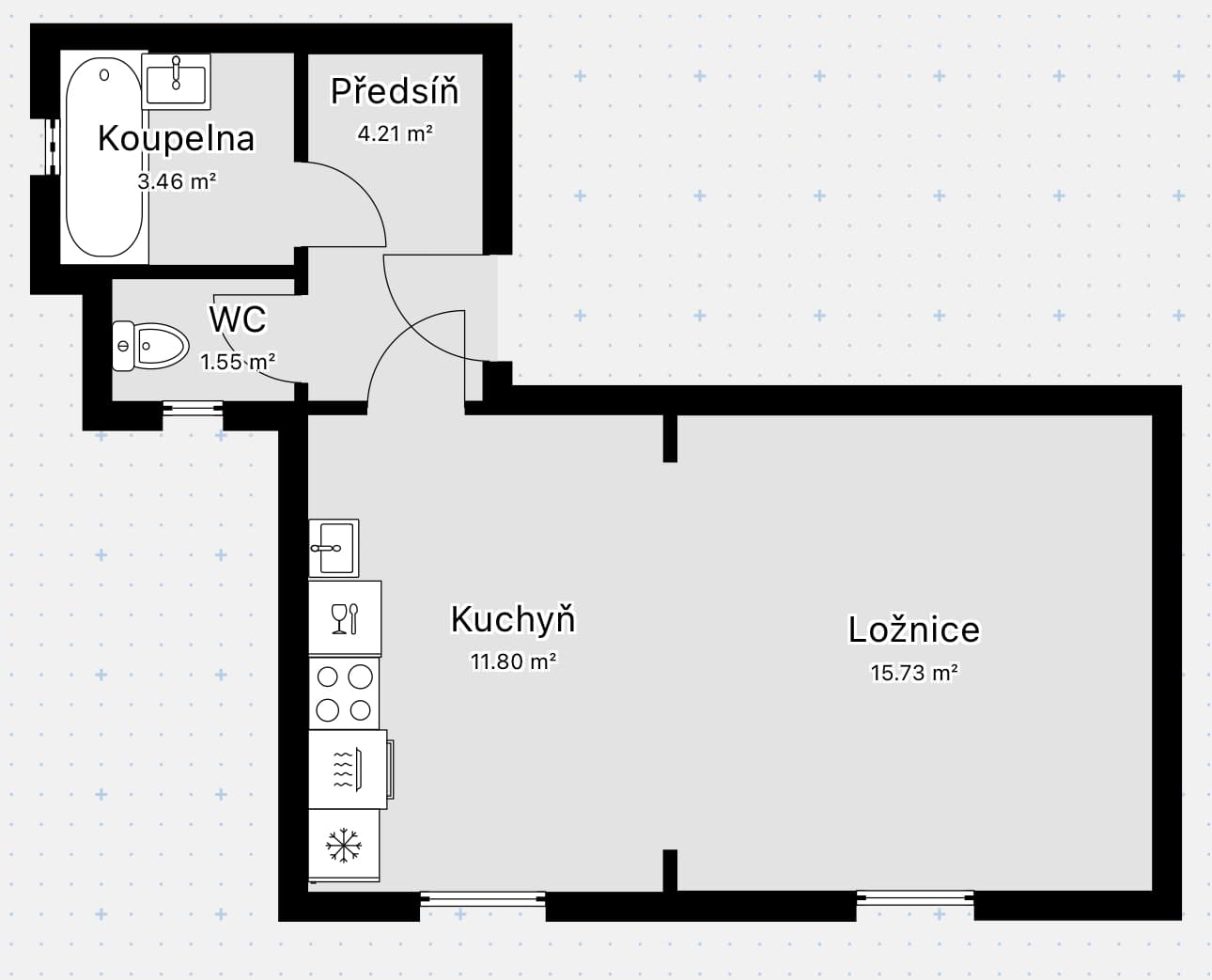 Půdorys 1 — Pronájem bytu 1+kk s balkónem