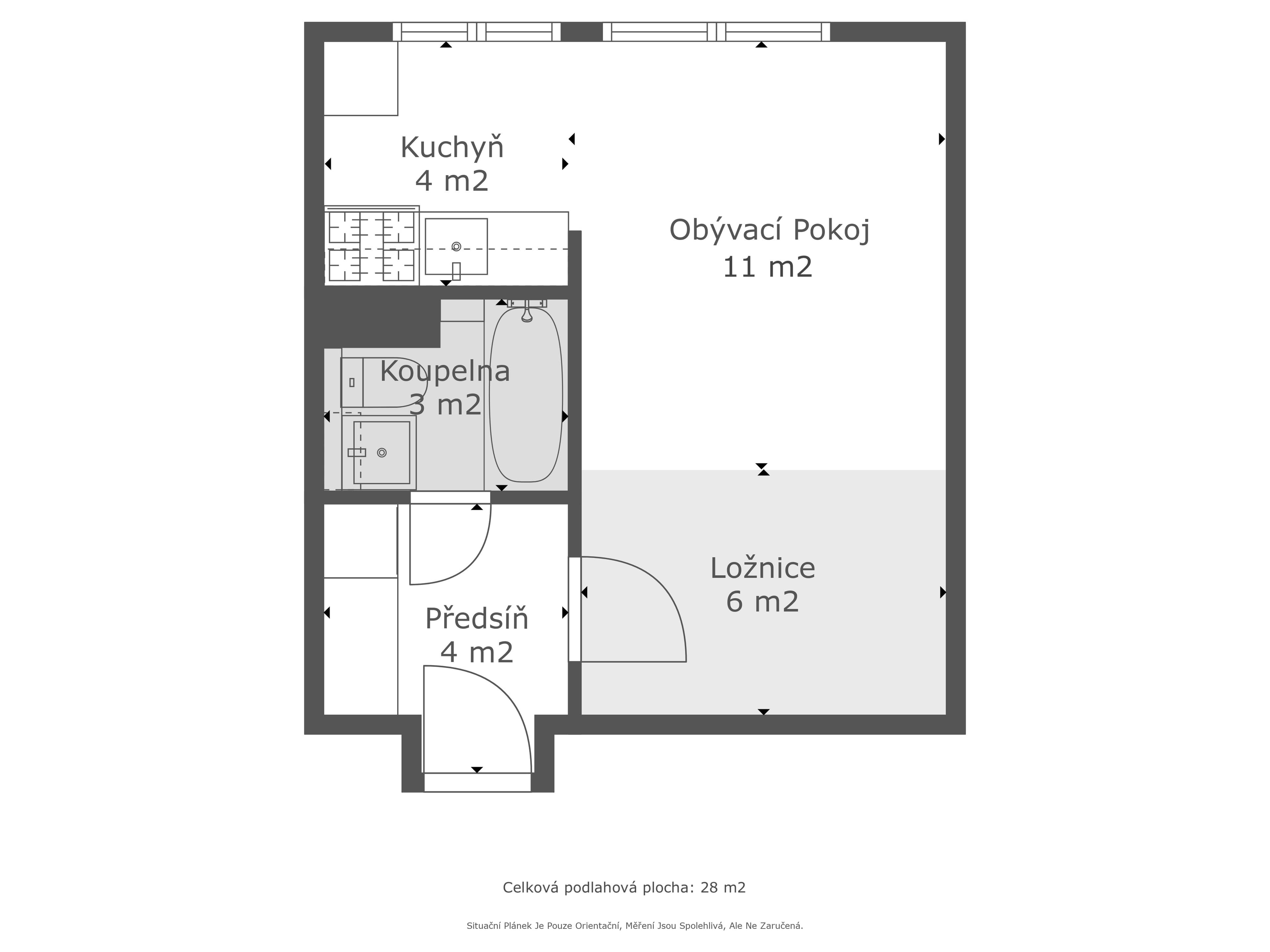 Půdorys 1 — Prodej bytu - 1+kk 27 m²
