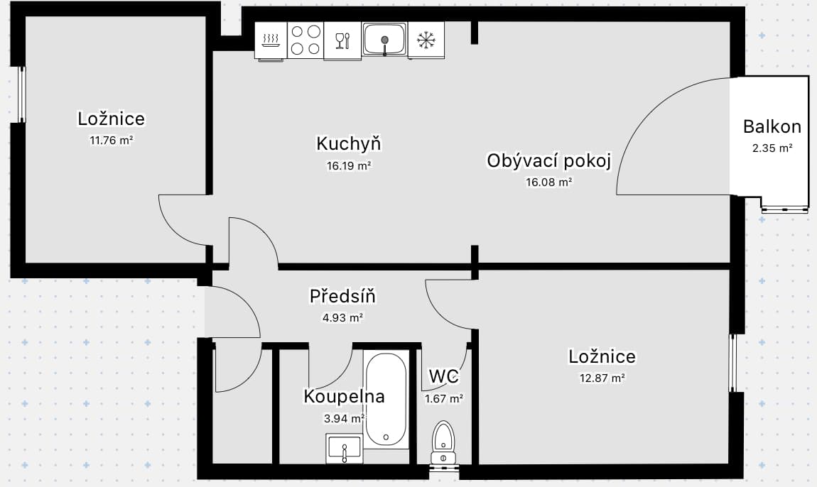 Půdorys 1 — Pronájem bytu 3+kk s balkónem